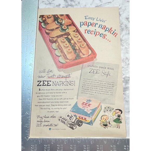 Zee Napkins Vintage Print Ad 1950s Crown Zellerbach Stuffed Snack Rolls Recipe - Picture 2 of 7